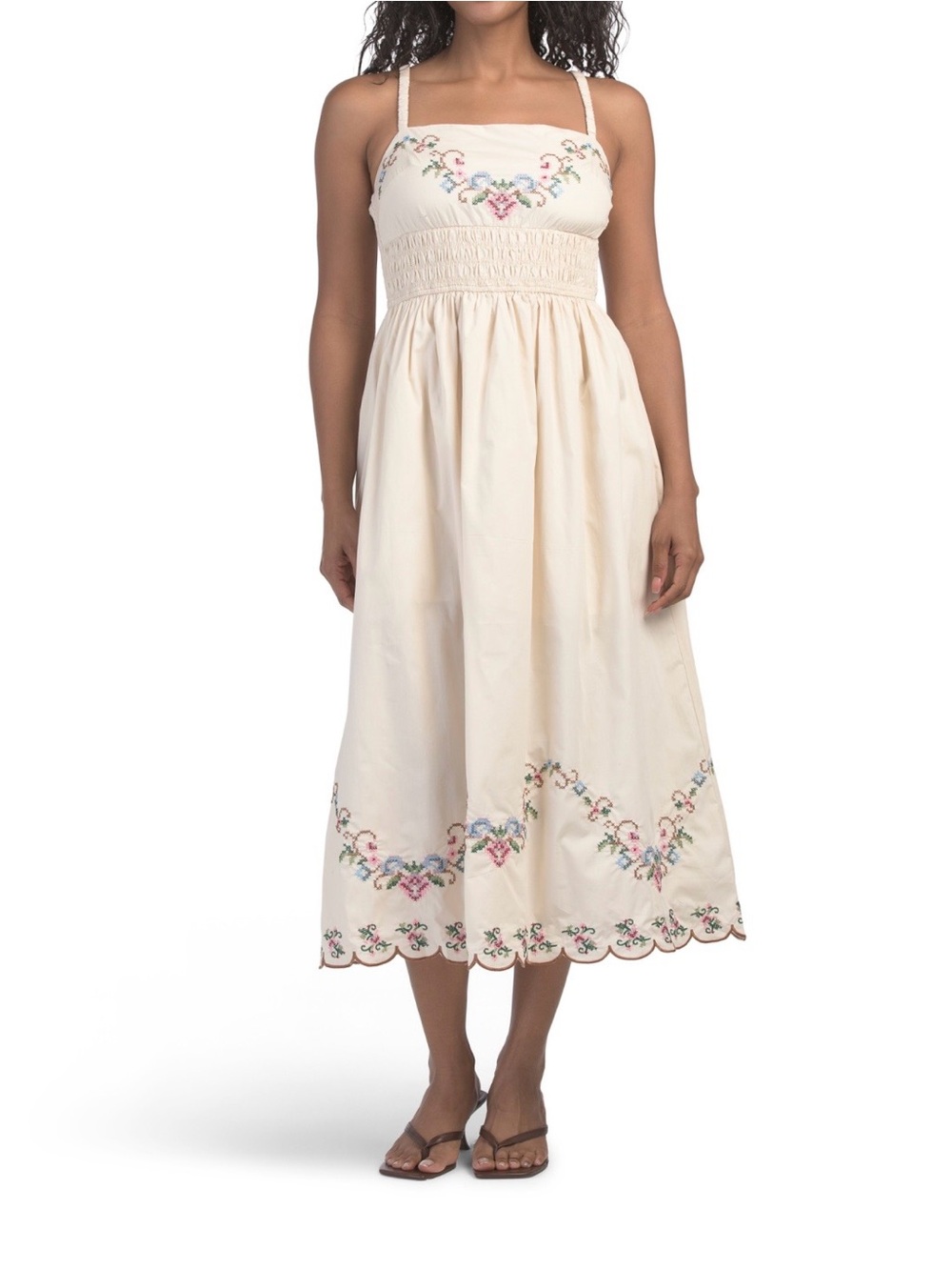 Moon River Cream Midi Dress with Pastel Floral Embroidery